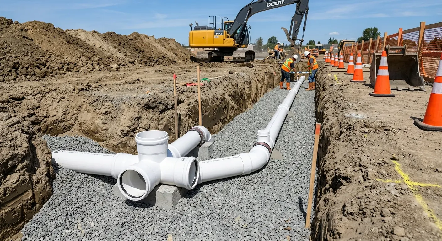New PVC sewer pipe installation in open trench for Sewer Backup in Mason