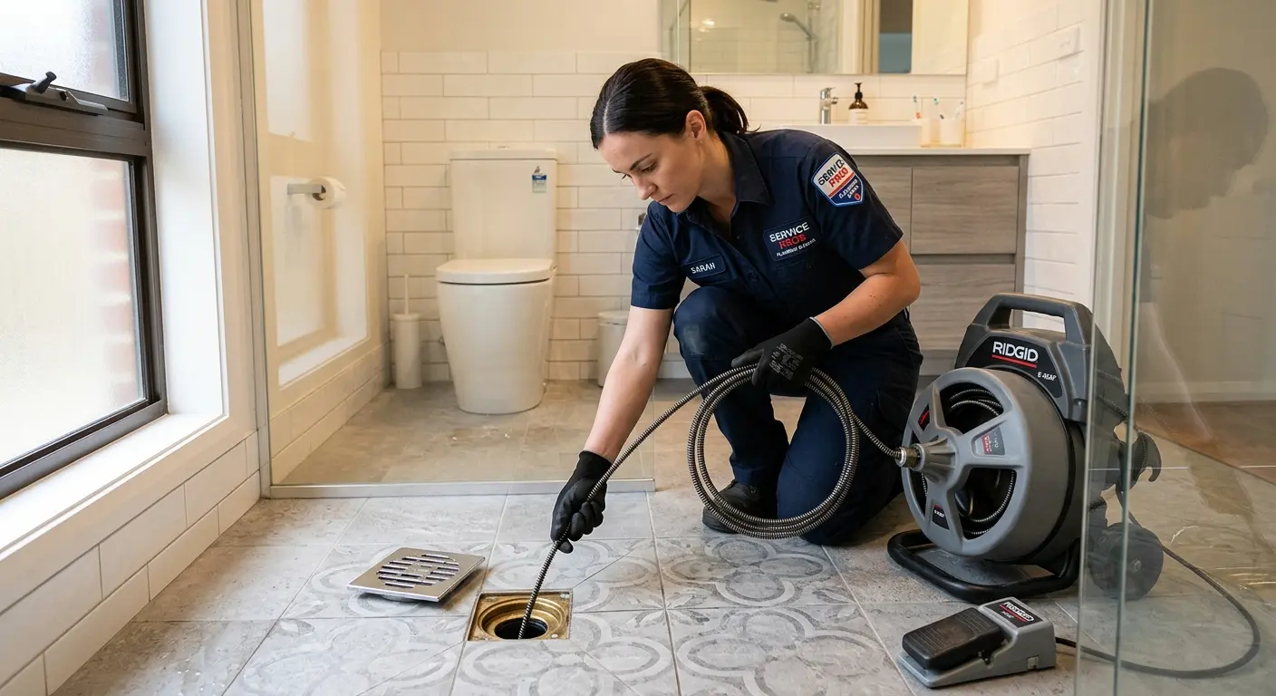 Technician clearing a bathroom floor drain for Drain Cleaning in Mason